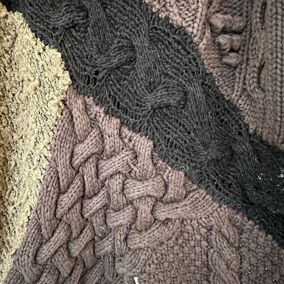 Vintage Patchwork Knit Sweater Brown Black Grunge Textured Uneven Hem sz L/XL - Picture 9 of 10
